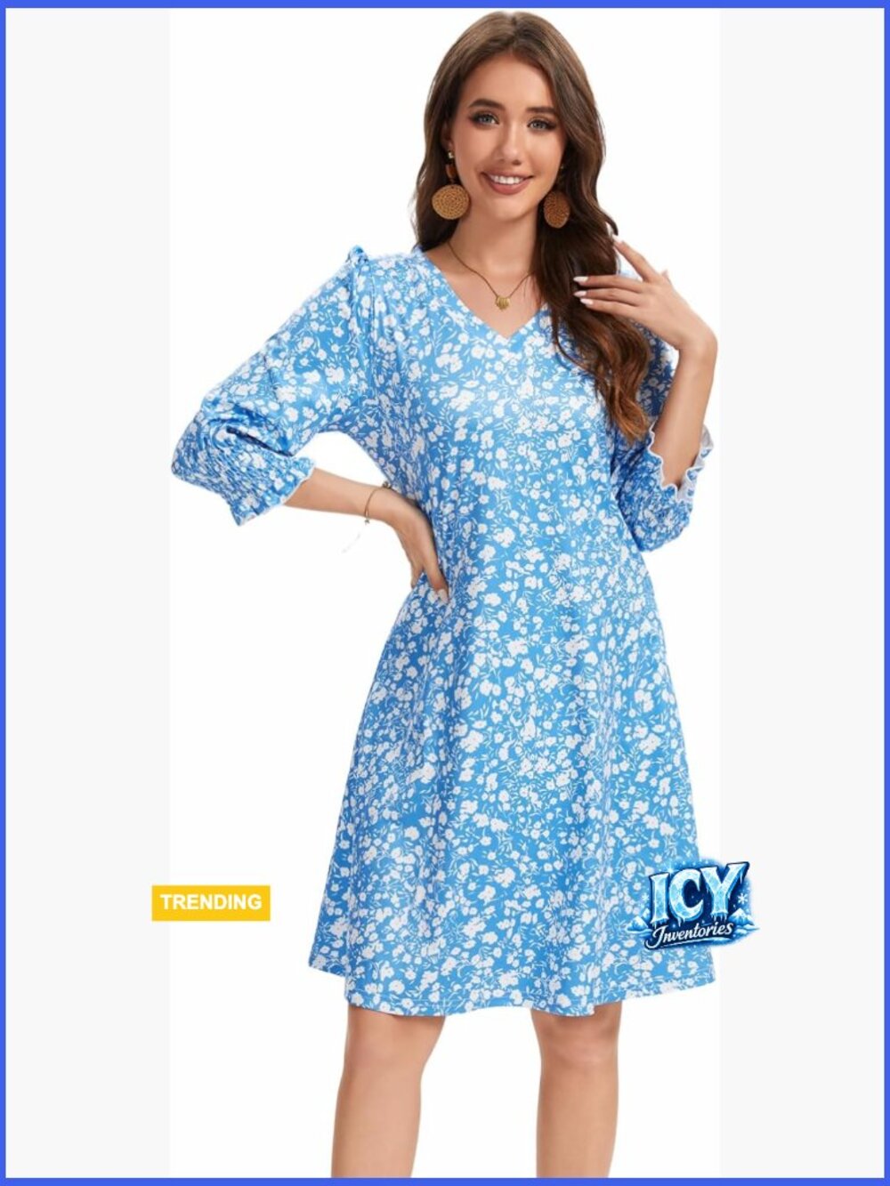 Loose Midi Dress with V-Neck Puff Sleeves Ruffle Cuffs Pockets